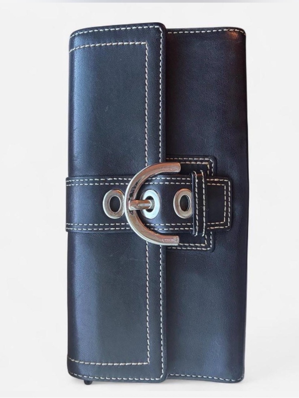 Coach Black Leather Long Wallet with Silver Buckle